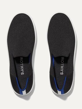 Rothy's Black Knit Slip-On Sneakers with Blue Heel Tab kids size 4